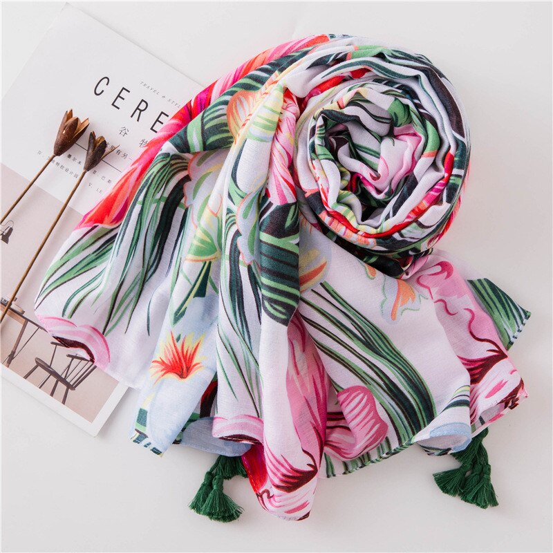 Écharpe de plage fleurie pour hiver | Foulard imprimé tropical, châle feuilles de coco, foulard en soie, écharpe de plage en viscose pour femmes