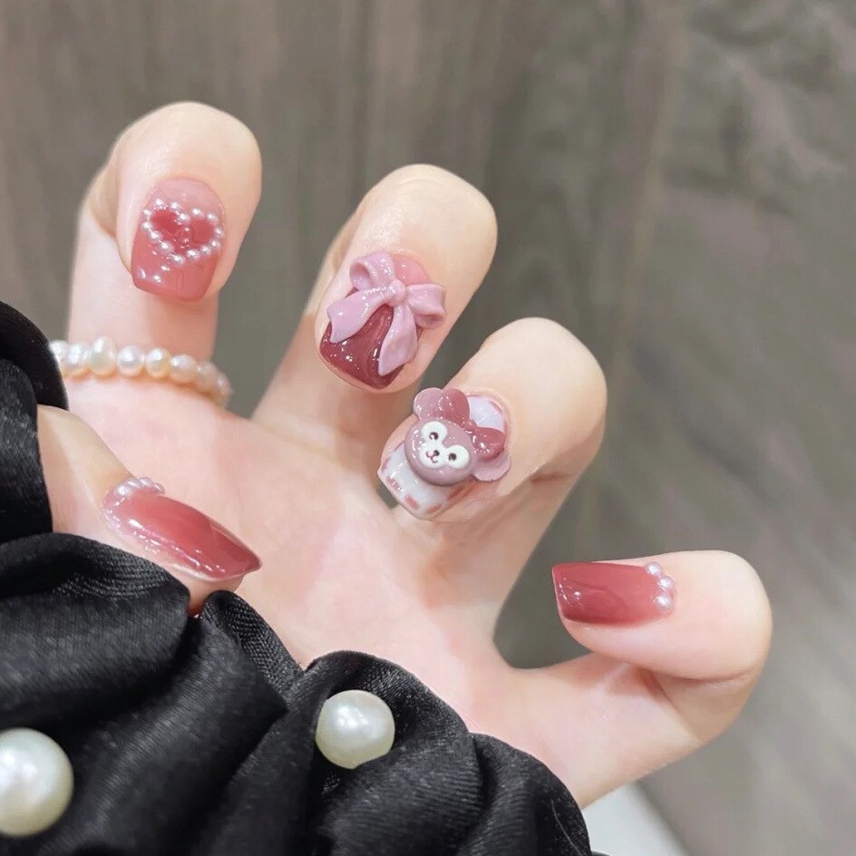 24pcs/box Stick On Nails with glue bear bow false nails bling press on nails nail supplies for professionals full cover: 099