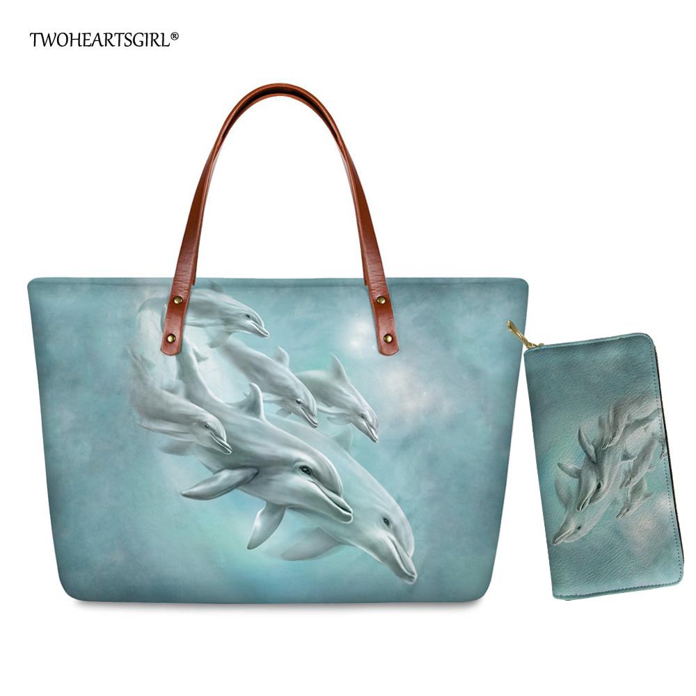 Twoheartsgirl oceaan dolfijn print handtas set portemonnee voor vrouwen neopreen dames handtassen met handgreep casual dames handtassen