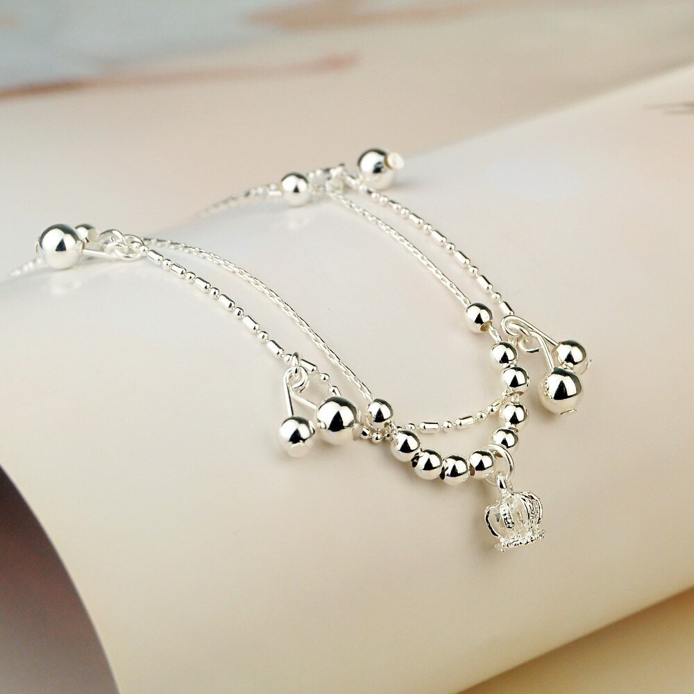 Doppelreihiges perlenketten-fußkettchen für damen, sommer-barfußsandalen, 925 silberne armbänder, boho-strand-fußschmuck
