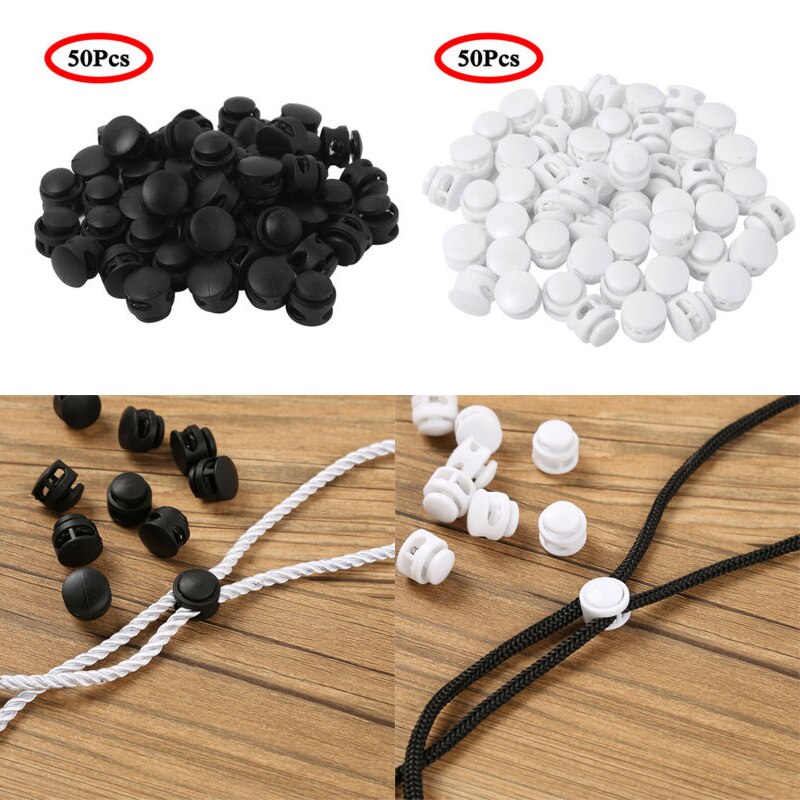 50 Double Holes Cord Locks Spring Plastic Toggle Elastic Drawstring Rope Clip Ends DIY Round Ball Shape Lanyard Paracord Stopper