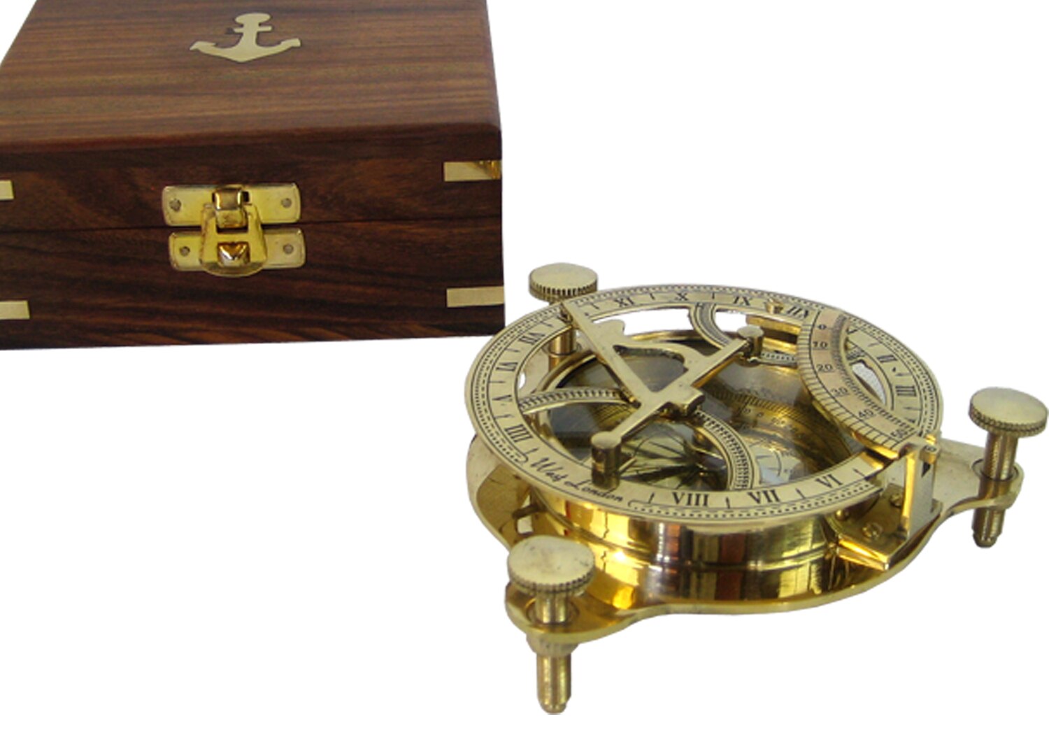 Compas solar 5&quot; con caja de madera, fabricado en latón y bronce, de 13 cms largo, brujula, supervivencia.