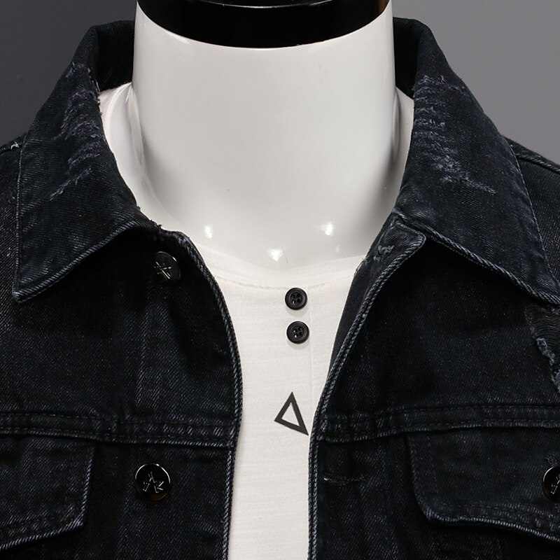 Men Casual Black Denim Jacket Streetwear Letter Embroidery Outerwear Cotton Back Ripped Pilot Coat