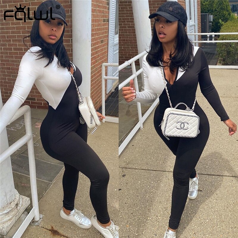 FQLWL-ropa informal con de varias telas, mono de manga larga en blanco y negro de una pieza para mujer, outfit ajustado con cremallera para otoño