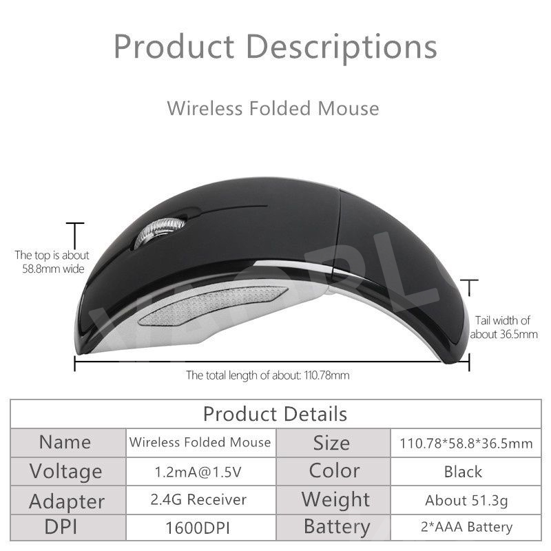 Vaorlo 2.4g mini trådløs mus sammenleggbar reise bærbar usb-mottaker optisk ergonomisk kontormus for pc bærbar mus spillere