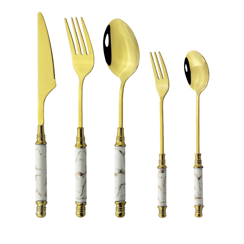 1Set Keramische Handvat Vis Vork Lepel Mes Set Groen Goud Servies Roestvrij Staal Bestek Bestek Set Servies Servies: Wihte Gold