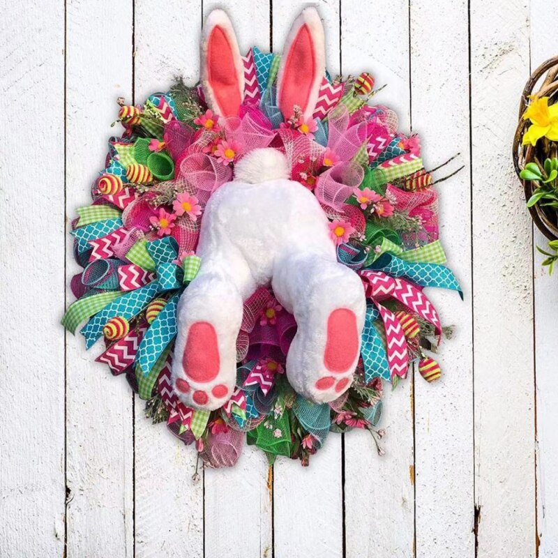 Easter Rabbit Wreath Bunny Decoration Garland Front Door Hanging Ornament Wall Home Party Easter Wreath Decorative