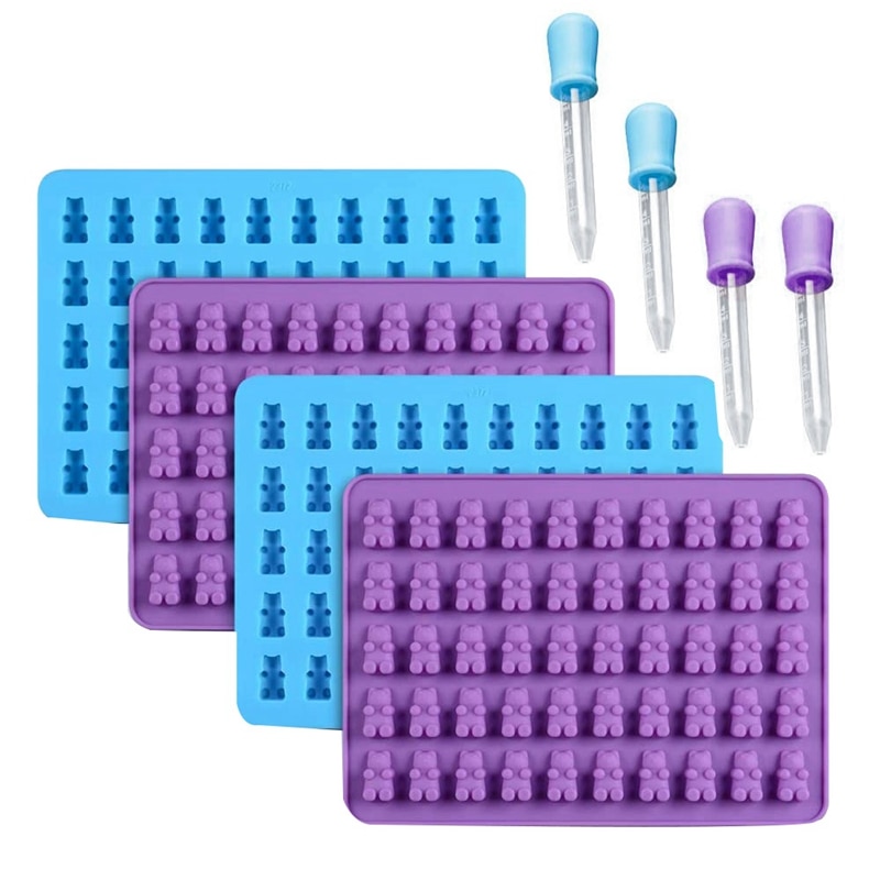 50 hulrum farverige silikone bjørn gummi slik form med 4 dropper til diy slik, gelé, kage, chokolade, is  -4 pakke: Default Title