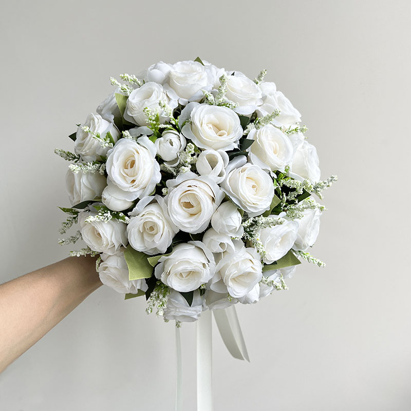 Bride Bouquet Wedding Accessories Silk Roses Artificial Flowers Bridesmaid Bouquet Groom Boutonniere Corsage Wedding Party Decor: WHITE