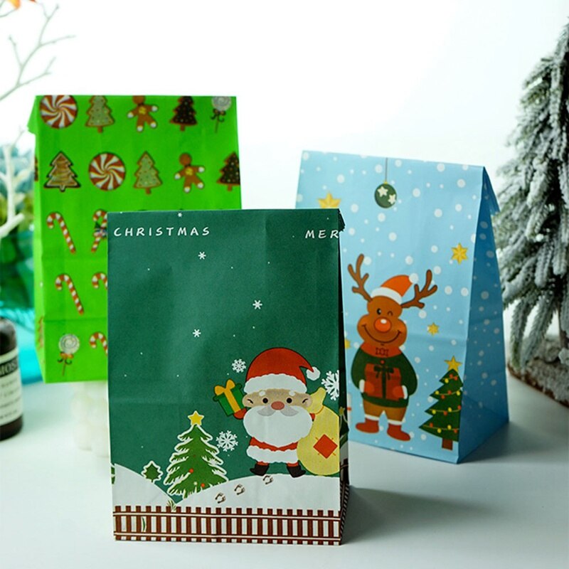 10 stk christmas santa elg papirposer stand up slik mad papir segl pakning års fest favoriserer madpose til småkager