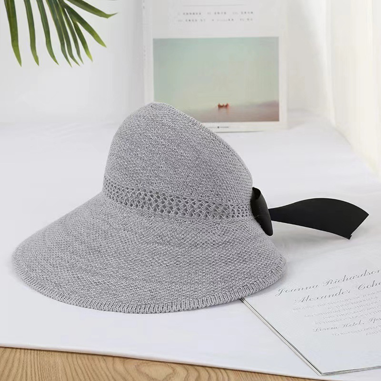Foldable Women Wide Brim Straw Hat Breathable French Style Sun Hats with Bowknot for Outdoor Travel Photography: GRAY