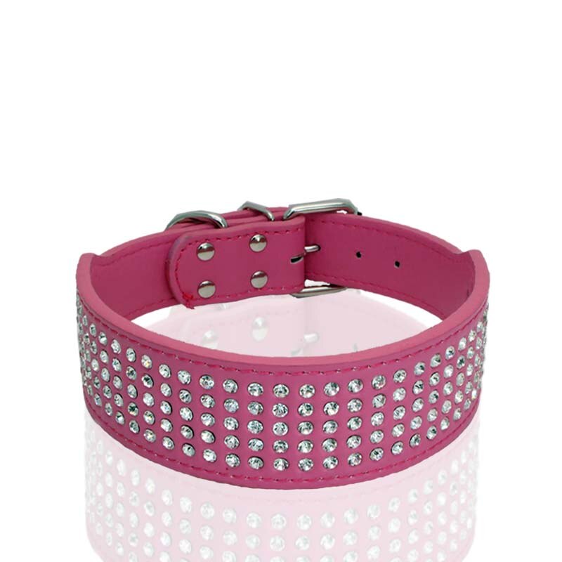 Rhinestone PU Leather Dog Collars 5 Row Diamante Bling for Large Dogs 5cm wide: S / Rose Red
