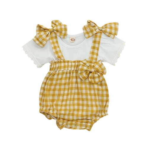 Baby Meisje Kleding Wit Korte Mouw O-hals T-shirt Tops Geel Strik Plaid Sling Korte Overall Bib Broek Kleding Outfit