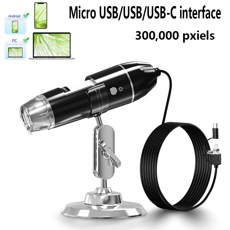 Cámara microscópica Digital 1600X 3 en 1 con soporte microscopio electrónico portátil para soldar lupa LED tipo C USB Android: Oro