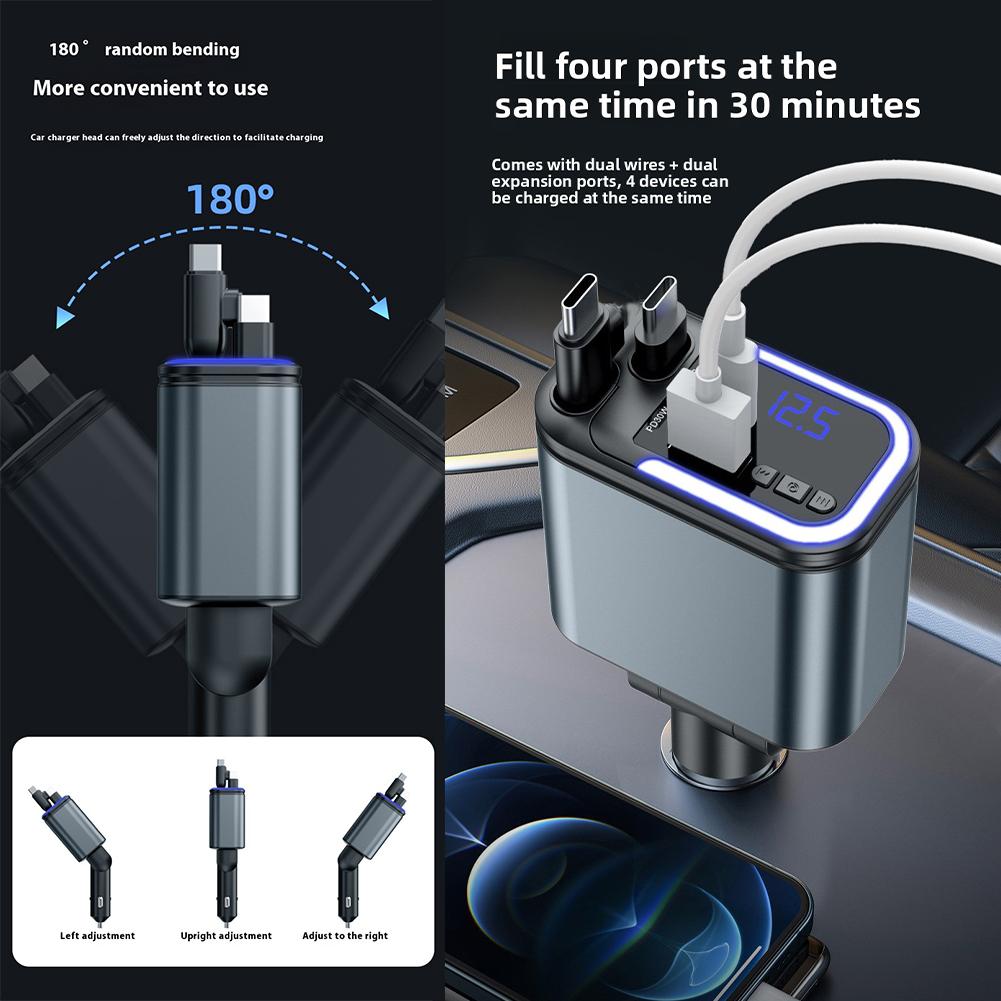 5-in-1 Auto Oplader - 180W Intrekbare USB Snellader met Bluetooth Verlichting voor Vrachtwagens SUV's
