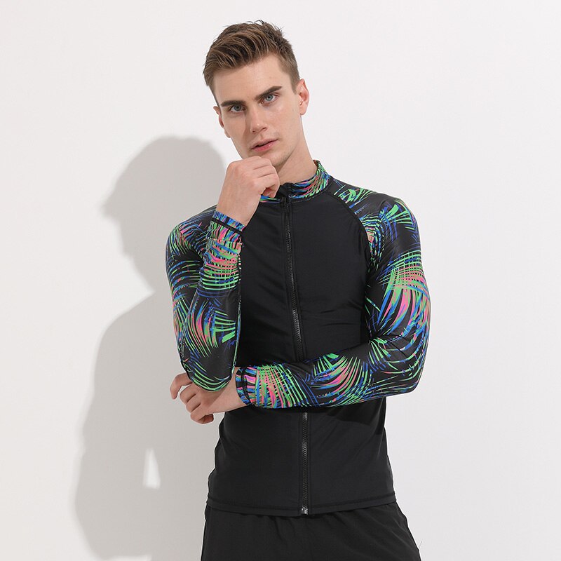 Men's Long Sleeve Zip Front Rash Guard Surf Swim Shirt Sun Protection UPF 40+ High Crew Neck Rashguard Tops UV Suits Print: 7029 / XXL