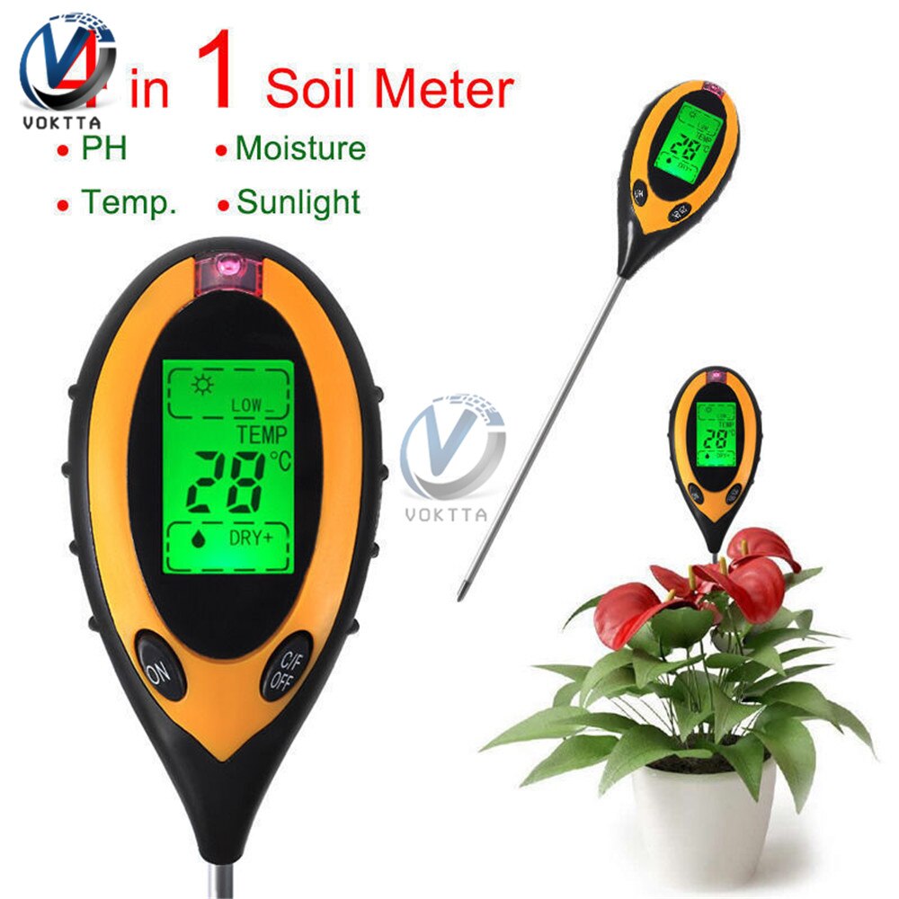 Comprobador de PH del suelo multifuncional, medición de la intensidad de la luz solar y la temperatura del Medidor de PH Digital, 3/4/5 en 1, para plantas de jardín: 4 in 1