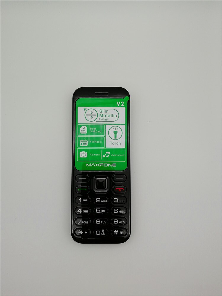 Maxfone V2 Original Push-button Cell Phone With 1.77 inch Screen Dual Sim Camera Bluethooth Big Torch FM Cheap Bar Mobile Phone: English Keyboard / Black