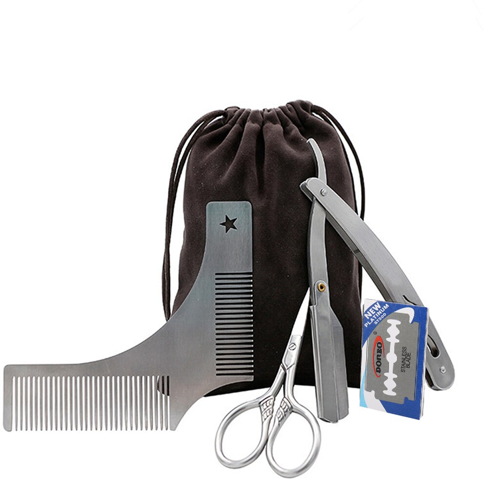 1 Set Men Beard Care Set Beard Razor Trimmer Hair Shape Comb Shaving Manual Small Scissors Home Hair Removal Tools Kit