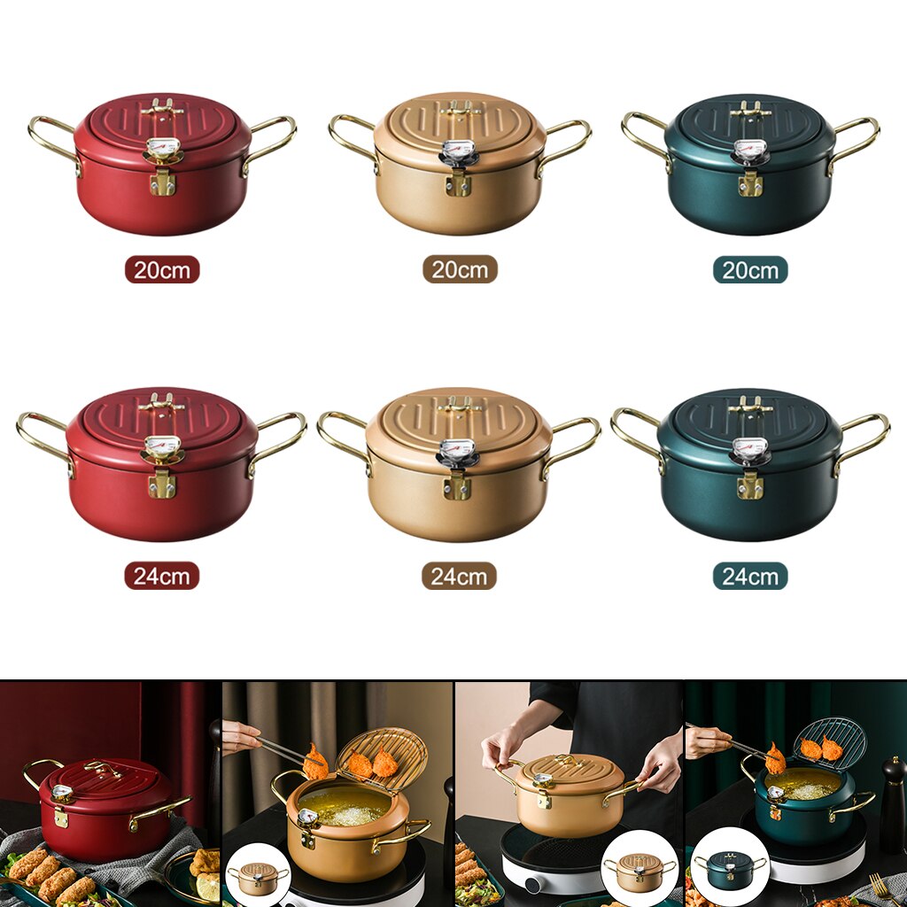 Round Japanese Style Deep Frying Pot Tempura Fryer Pan with Thermometer for Fried Chickens