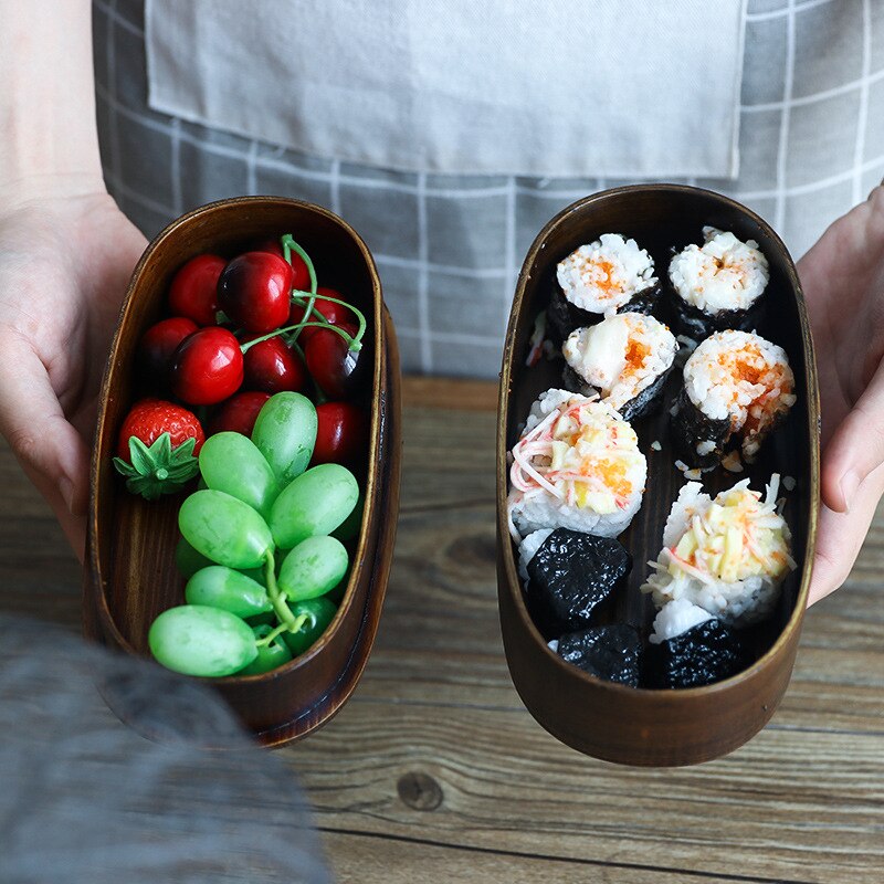 Retro Double-layered Bento Box Solid Color Portable Wooden Sushi Boxes Student Japanese Single-layer Lunch Case