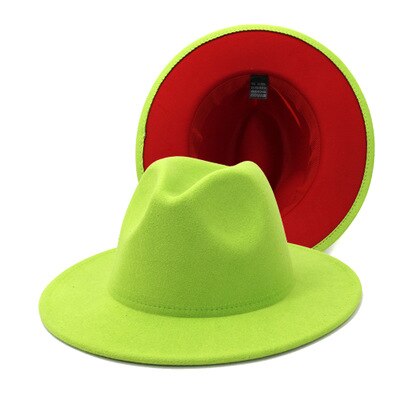 QBHAT Lime Green with Yellow Bottom Jazz Felt Hats Women Men Large Brim Faux Wool Fedora Hat Patchwork Panama Cowboy Cap: lime green and red / 56to58cm