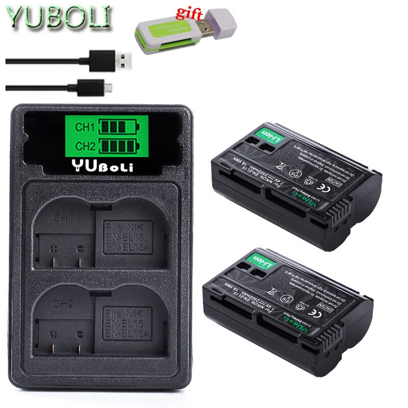 Bateria en  el15 el15a en -el15a enel 15 en-el15 batteri för nikon  d500 d600 d610 d750 d7000 d7100 d7200 d800 d800e d810 d810a & 1 v1: Laddare och 2 batterier