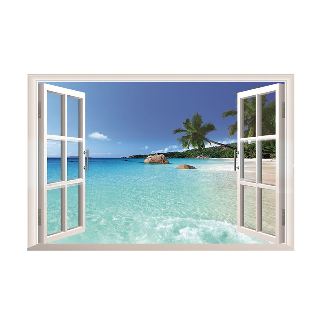 1pc Beach Wallpaper Decor Window 3D Print Beach View Sea Landscape Wall Stickers Art Mural Decal Wallpaper Living Room Decor: Default Title