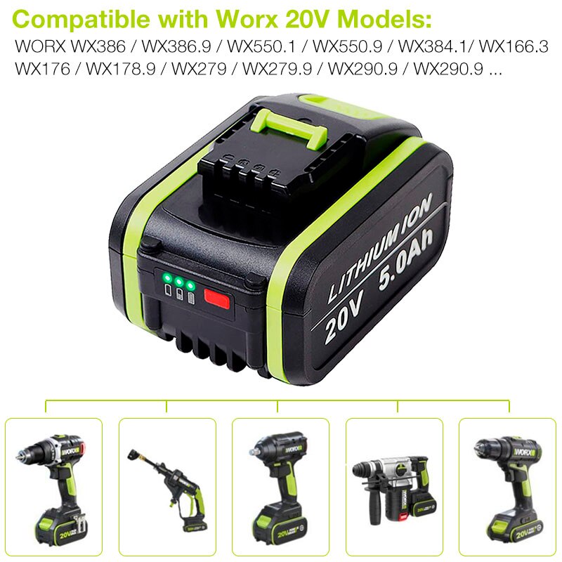20v 5.0ah -lithium-ionen-ersatzakku für worx  wa3551 wa3553 wx390 wx176 wx550 wx386 wx373 wx290 wx800 wu268
