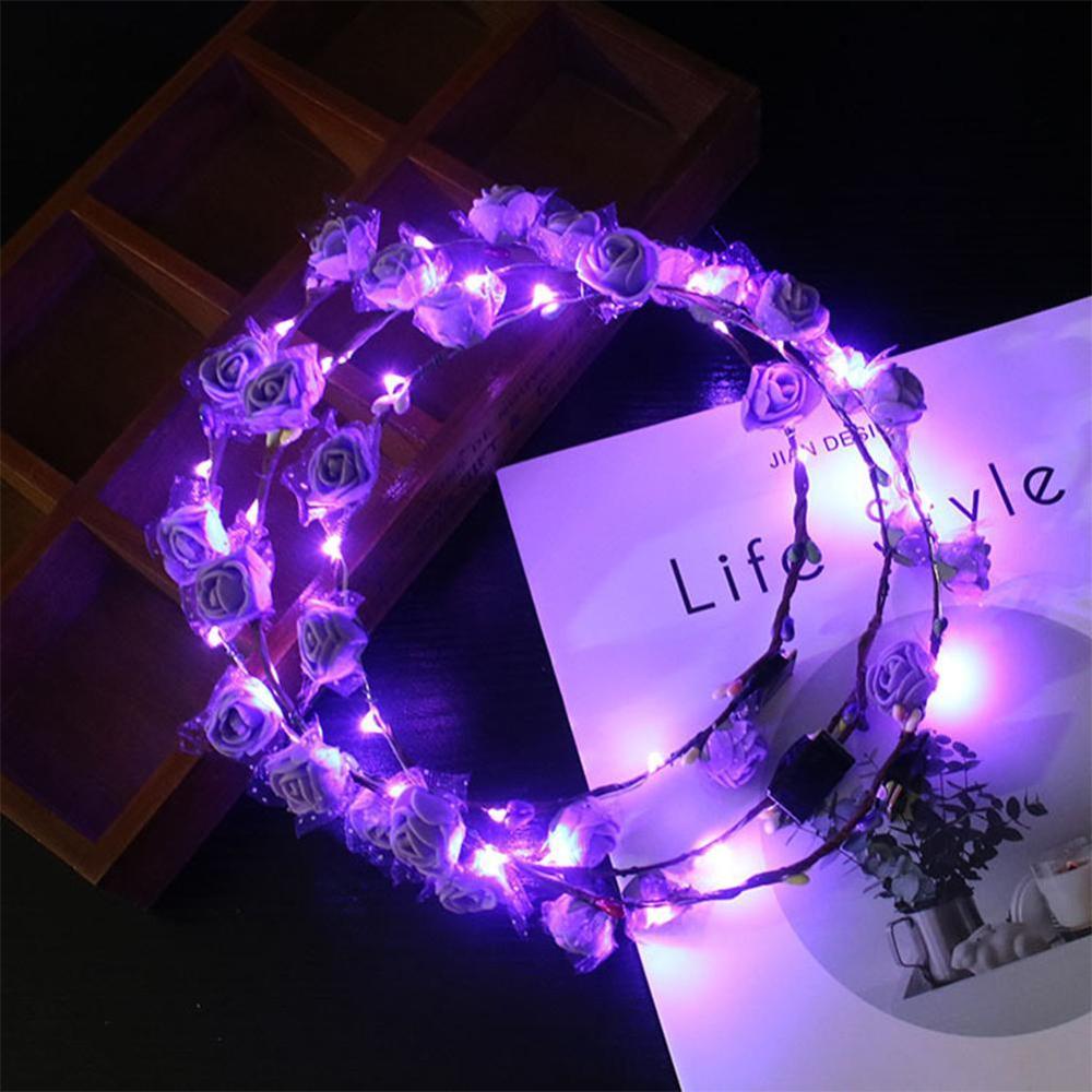 Women Girls LED Light Up Flower Headband Flashing Glowing Crown Masquerade Party Hair Wreath Hair Band Luminous Garlands: violet