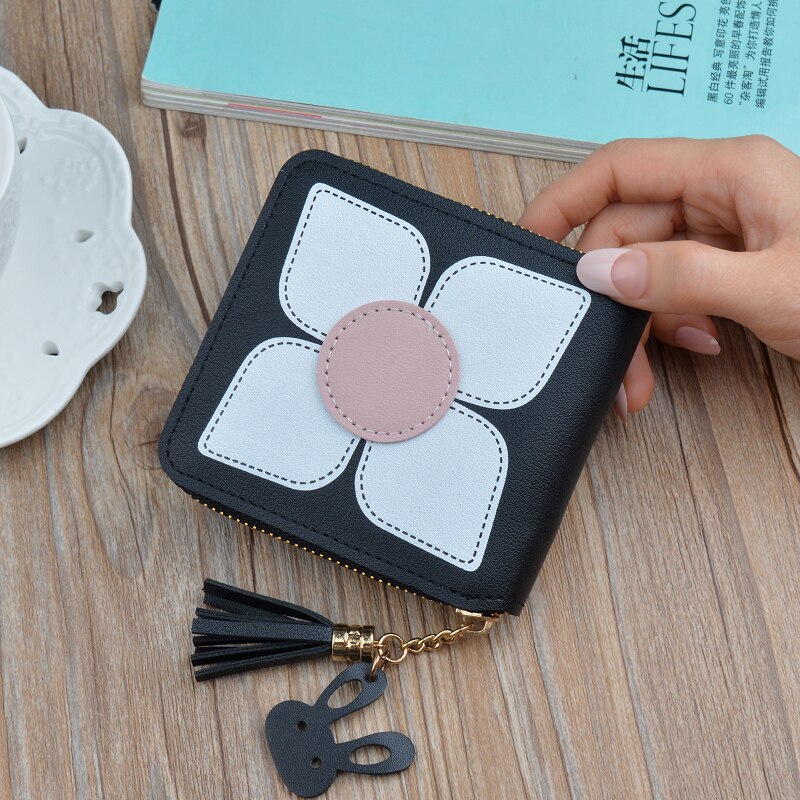 Women's Coin Purse Flower Pattern Leather Card Holder Multifunctional Storage: Black