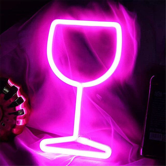 Enseigne lumineuse LED en verre de vin, néon, bol à vin, lampe murale suspendue, veilleuse lumineuse, USB, Bar à piles, de décoration pour la saint-valentin: Pink