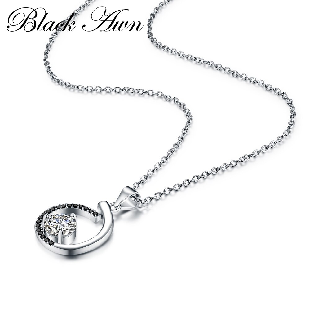 Silver Necklace Genuine 925 Sterling Silver Necklaces&Pendants Jewelry Trendy Black&White Stone Necklace Women P085