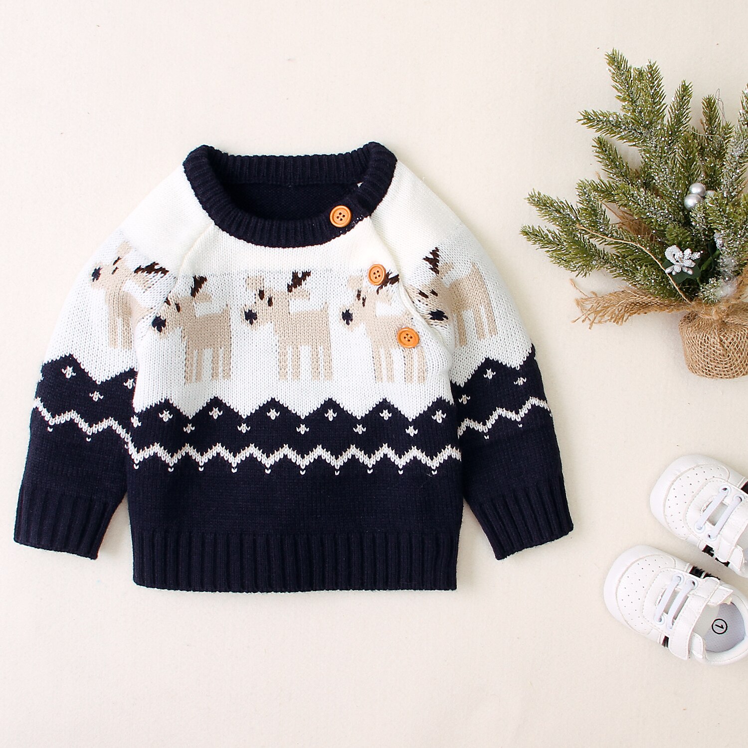 0-18m Christmas Kids Baby Boys Girls Sweaters , Round Neck Long Sleeve Casual Sweaters with Elk Pattern for Autumn and Winter