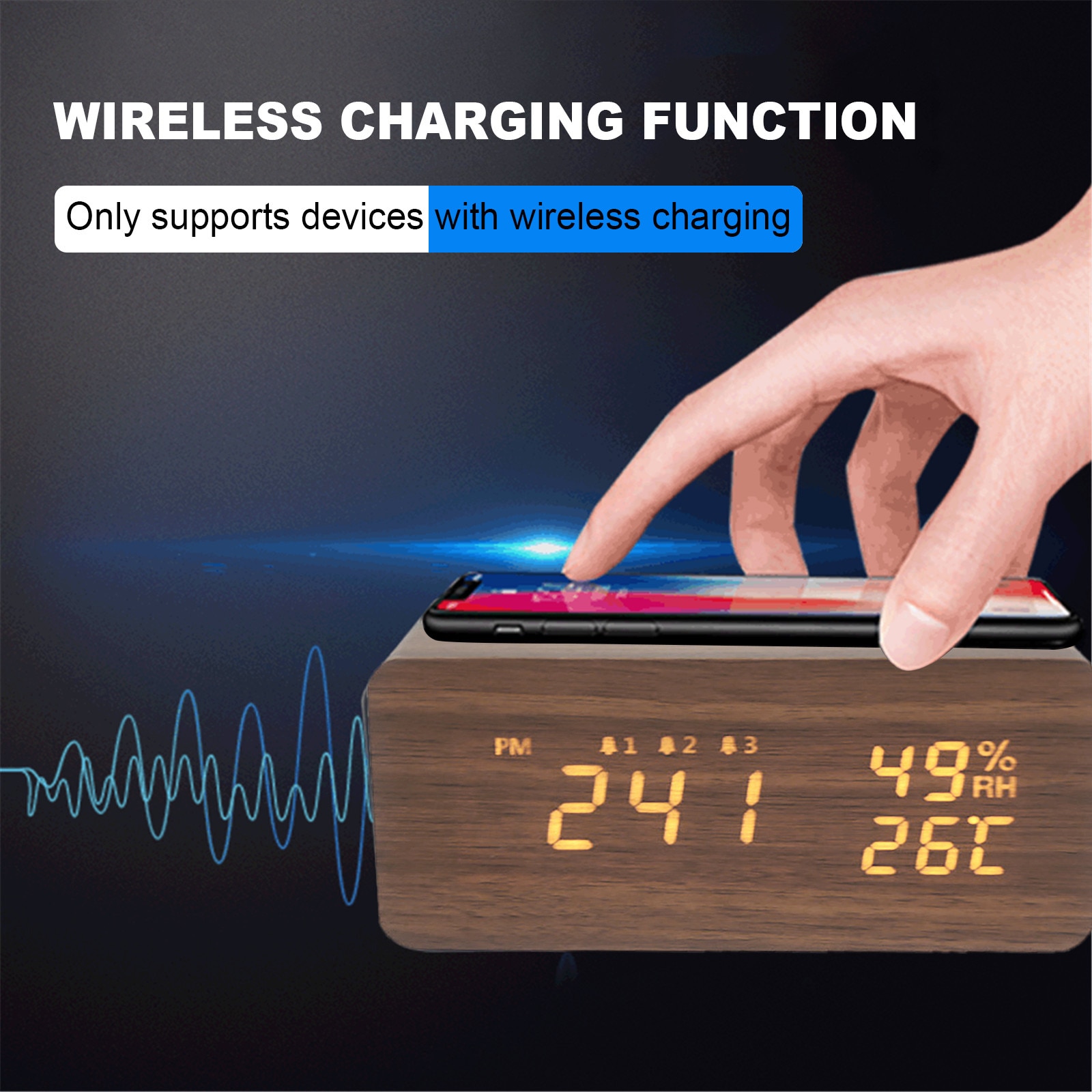 The alarm clock with Qi wireless charging pad is suitable for Iphone Samsung LED digital clock sound control function55#
