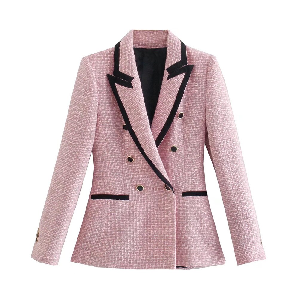 T Moda Vrouwen Elegante Roze Textuur Double Breasted Tweed Blazer Lange Mouwen Pockets Jassen Vrouwelijke Mode Streetwear Tops: Roze / S