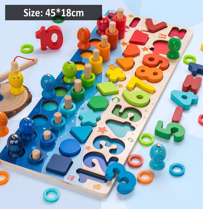 Bordo di legno Montessori Giocattoli Educativi per I Bambini Impegnati Matematica di Pesca Per Bambini In Legno Giocattolo Montessori Conteggio Geometria GYH: Ocean Round Fish