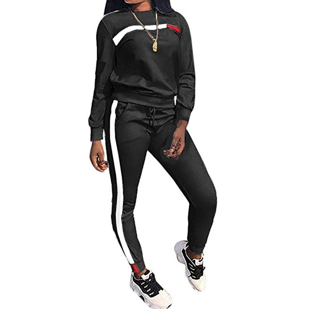 Sets 2 Women Hoodies Tops Pants Lady Drawstring Trousers Tracksuit Autumn Winter 2 Piece Set: Black / XL