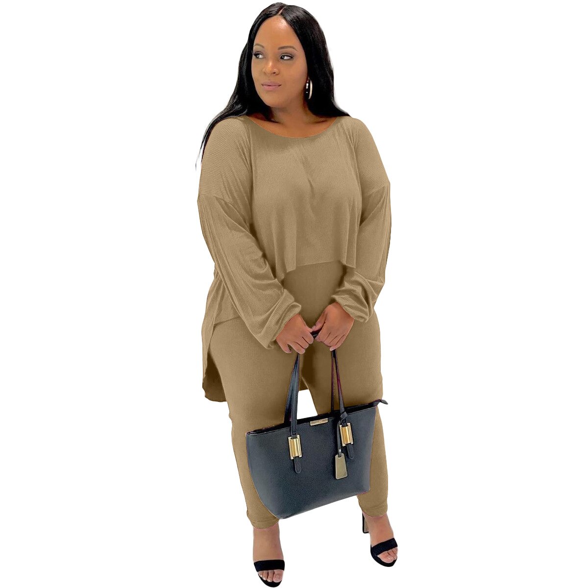 Plus Size Casual Ribbels Loungewear Solid Vrouwen Tweedelige Set Losse Lange Mouwen Ronde Hals Onregelmatige Shirt Bijpassende Pak Pyjama: khaki / 4XL