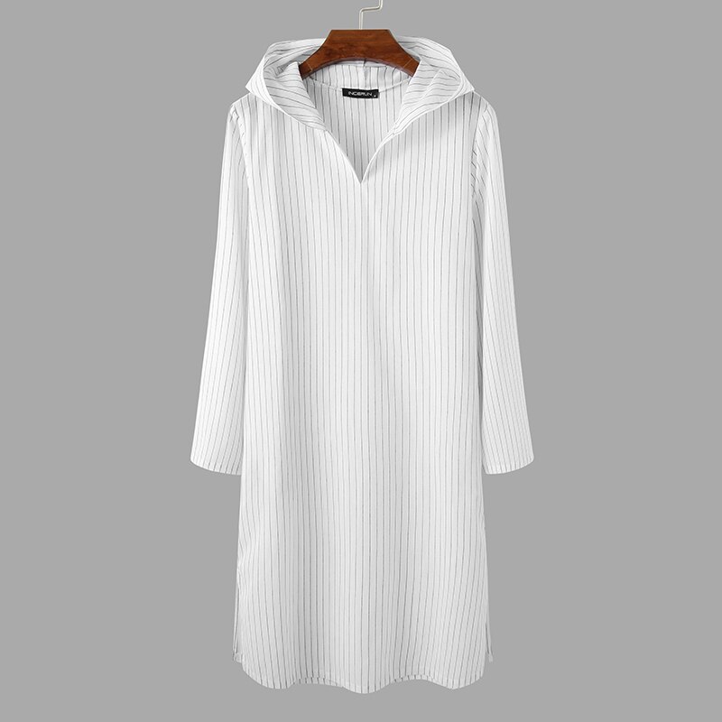 Incerun menn sovekåper hette langermet v-halslommer hjemmeklær menn bomull nattkjole stripet retro fritid natttøy s -5xl: Hvit / S