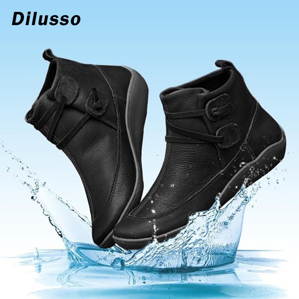 Bottines Vintage en cuir pour femmes, chaussures plates imperméables, bottines d'hiver à bout rond, solides