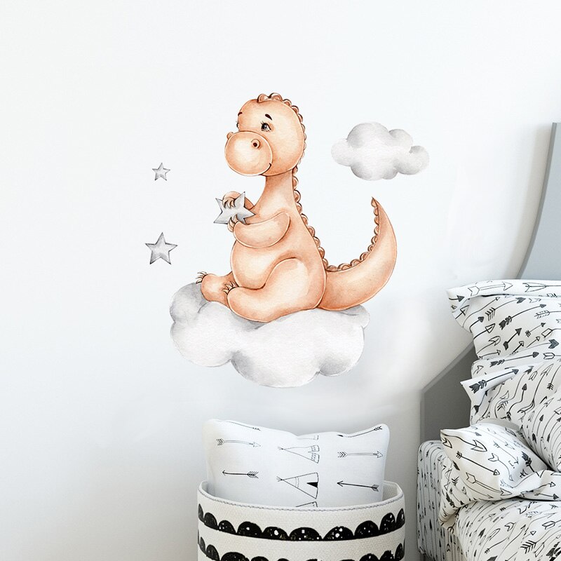Cartoon Dinosaur Sit Clouds Wall Sticker Baby Kids Room Bedroom Background Wallpaper Art Decals Home Decoration Cute Stickers