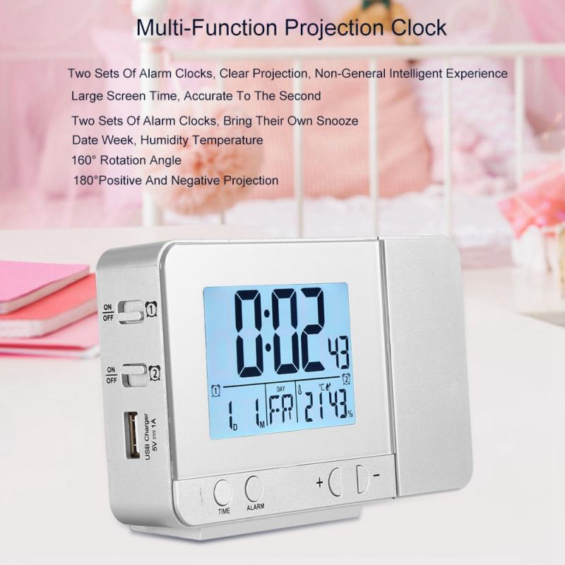 LED Multifunction Projection Digital Alarm Clock Temperature USB (Silver)
