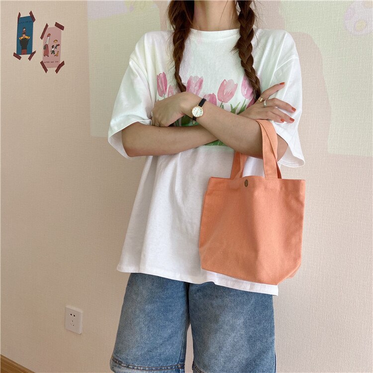 Sacs à provisions en toile mini-portables, simples, petits sacs en tissu pour femmes, couleur unie pure, fourre-tout décontracté, sacs en toile de coton, sac à main: Orange