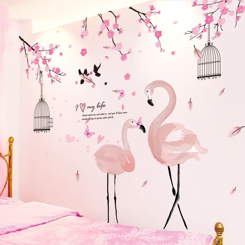 flamingo dyr veggklistremerker gjør-det-selv rosa fugler veggdekor til stue låve soverom barnehage hjem dekorasjon: flamingo og blomst