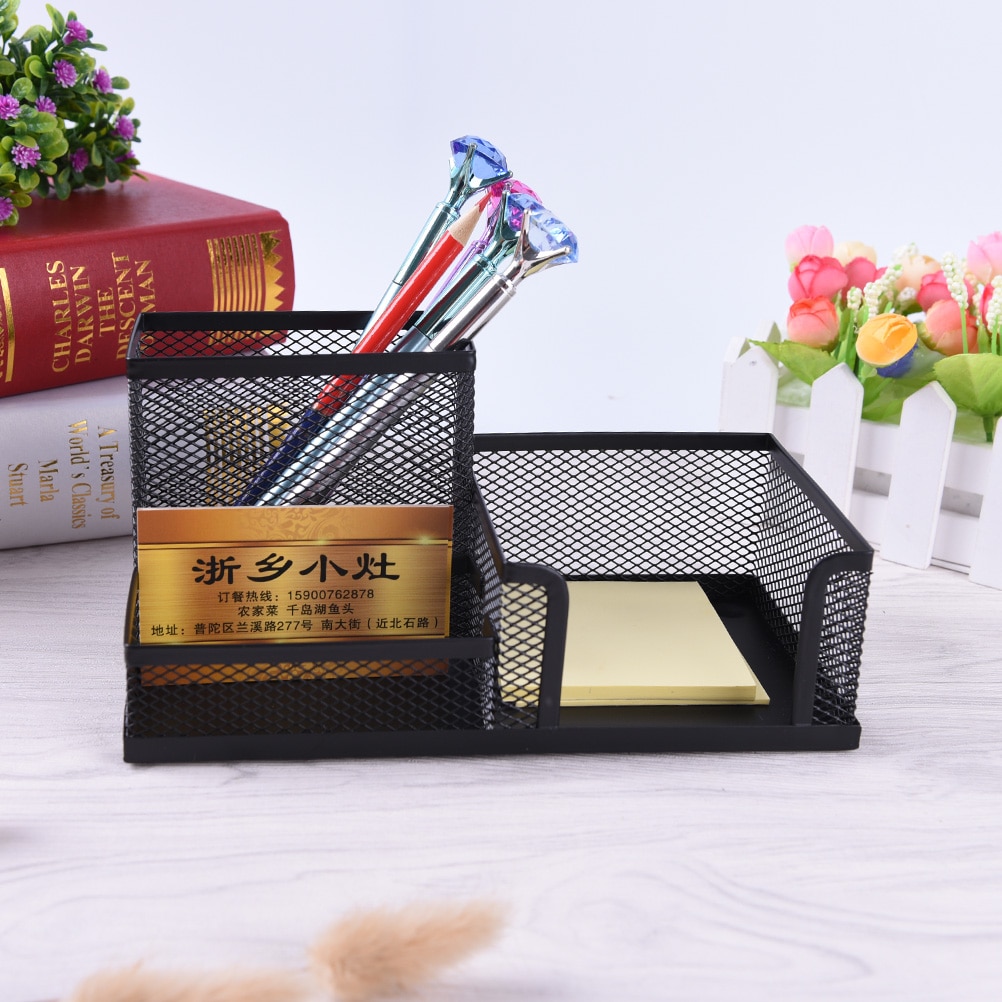 1pc Mesh Pen Holder Affordable Students Office Desk 3 Compartments Metal Pen Holder Black School Stationery Supplies