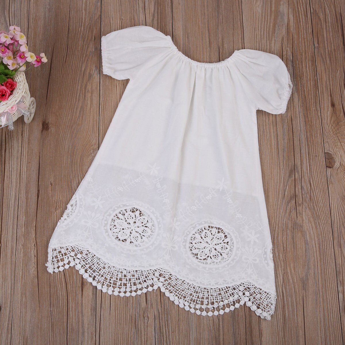 0-4Y Kid Meisje Korte Mouw Jurk Wit Kant Katoen Zonnejurk Beach Party Bruiloft Meisje Jurk Tuniek Baby Meisje kleding