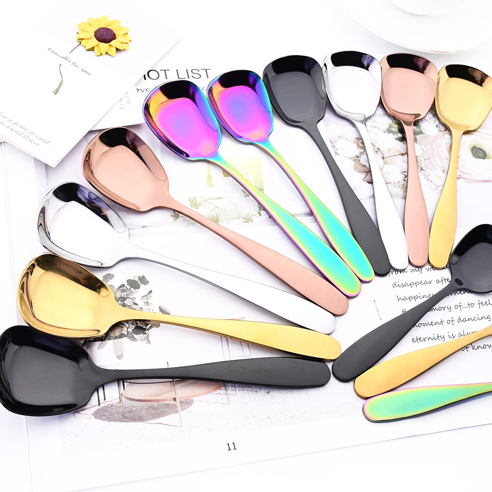 3Pcs Cutlery Stainless Steel Set Plat Bottom Square Dinner Spoons Dinnerware Child Ice Cream Dessert Salad Spoons Silverware Set