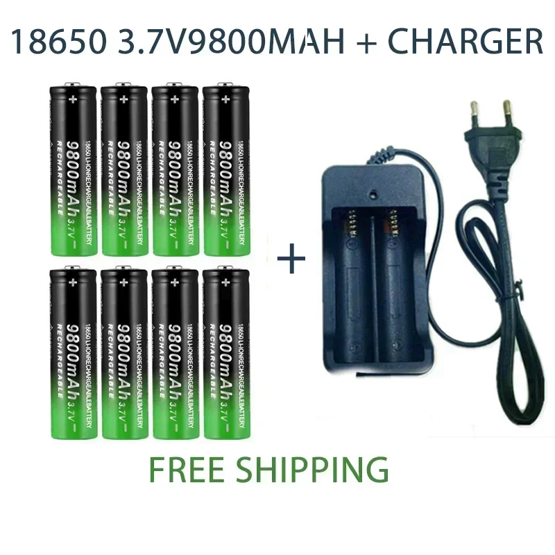 18650 Rechargeable Battery 3.7V 9800mAh Li-ion for Flashlight Torch with Charger High Capacity Portable Power Cell: Red