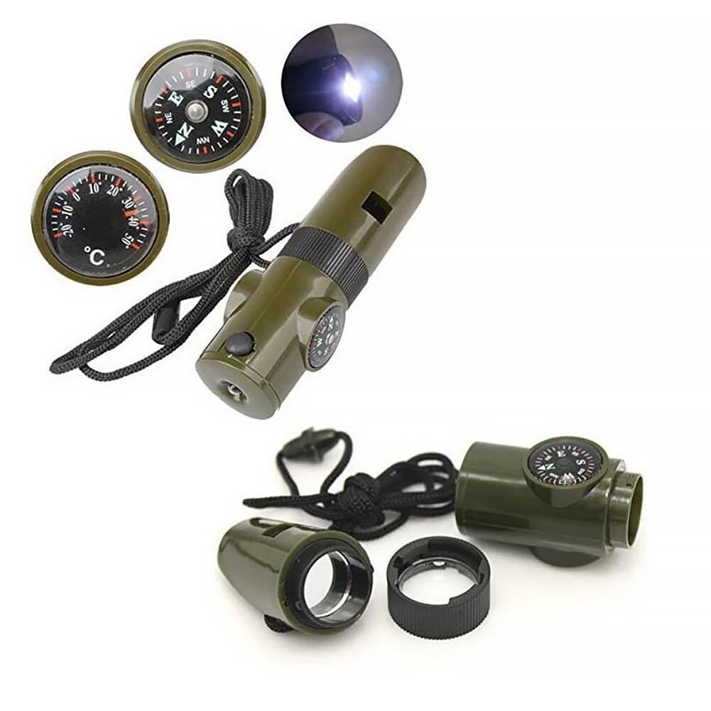 Function Whistle Survival Emergency Green Tool with Thermometer Compass LED Light Magnifier Mirror for Camping Hiking Outdoor